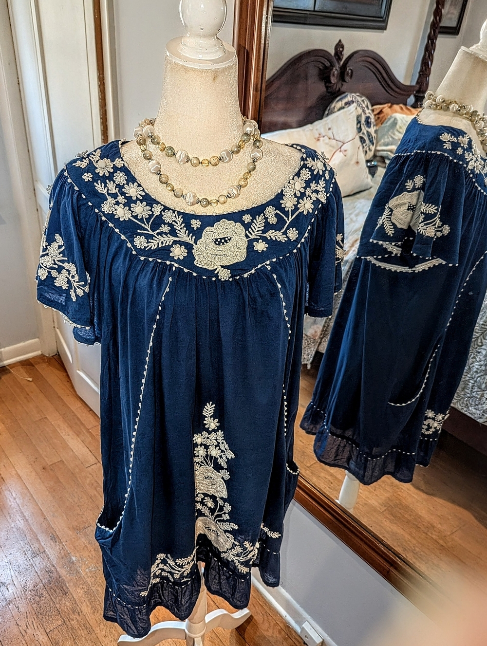 Embroidered Navy Boho Tunic Dress with Cream Floral Detail